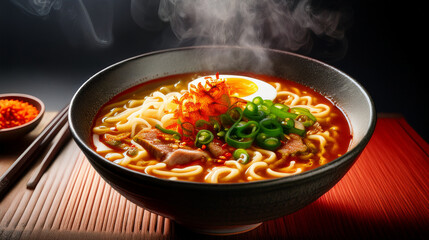 Fiery Close-up: Spicy Miso Ramen with Vibrant Red Broth and Chili Flakes




