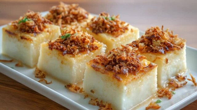 Delectable Culinary Squares: Delightful square pastries artfully arranged on a rectangular plate, offering an exquisite culinary experience. The baked delights boast a unique appearance.
