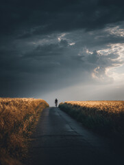 Female cyclist riding along a golden countryside road at sunrise.