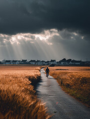 Female cyclist riding along a golden countryside road at sunrise.