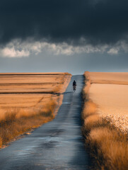 Female cyclist riding along a golden countryside road at sunrise.