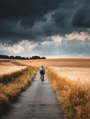 Female cyclist riding along a golden countryside road at sunrise.