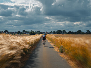 Female cyclist riding along a golden countryside road at sunrise.