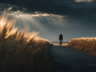 Female cyclist riding along a golden countryside road at sunrise.