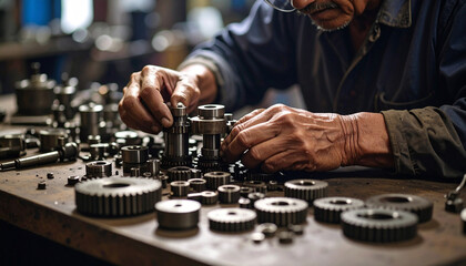 Precision Craftsmanship: A skilled craftsman meticulously assembles mechanical components, his weathered hands revealing years of expertise in the industrial workplace.