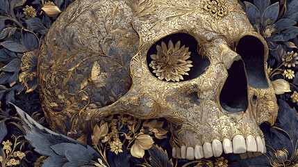 Detailed skull illustration intertwined with floral patterns, HD realistic