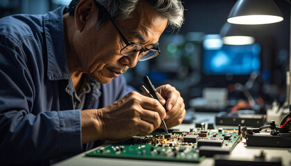 Precision in Electronics: A seasoned technician diligently working with a circuit board, expertly wielding tools in a high-tech workshop, the scene illuminated by focused lighting. 