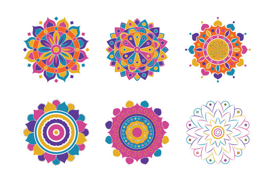 Set of traditional Rangoli pattern. Vector illustration of mandala with geometric shapes and floral designs