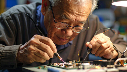 Electronics Repair: An elderly man, his face illuminated by the warm glow, intently repairs electronics, with steady hands and a wealth of experience.