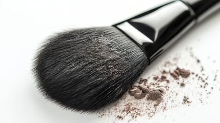 Close up of makeup brush with soft bristles covered in loose powder, resting on white surface with scattered powder. image highlights texture and detail of brush and powder