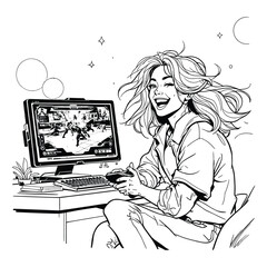 Gamer in Action  Stylized Icon of a Focused Player Using a Controller at a Desktop Setup with Fighting Game Display and Fun Decor Elements