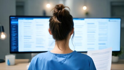 A healthcare professional in blue scrubs reviews medical documents while working on a computer with multiple screens in a modern clinical setting.