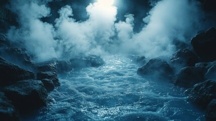 Fototapeta premium Misty river flowing through dark rocks