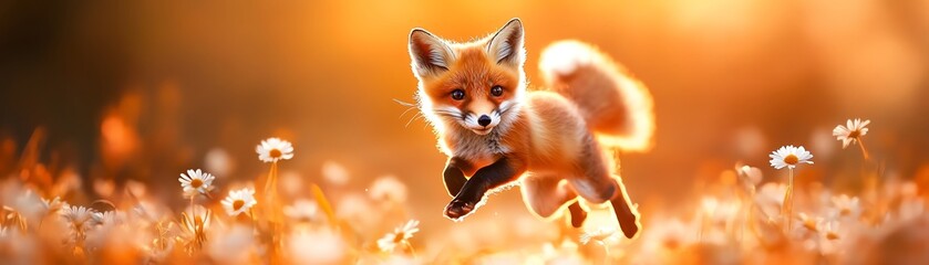 A playful fox kit leaps joyfully through a sunlit field of wildflowers in warm, golden light.