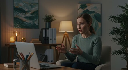 Fototapeta premium Woman Video Conferencing at Night, Expressive Gestures