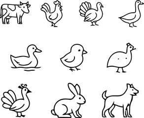 Farmyard Companions Line Art Icons of Domestic and Barnyard Animals Depicted in a Minimalist Grid for Agrarian and Educational Use
