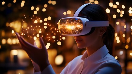 A woman wearing a VR headset experiences glowing digital particles floating above her hand in a dark, bokeh-filled environment.