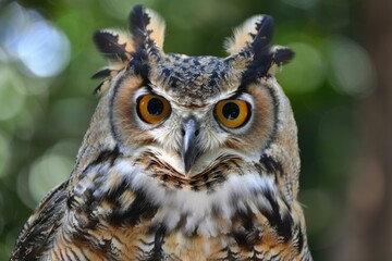 Obraz premium Close up of a great horned owl showing off its prominent ear tufts and intense yellow eyes