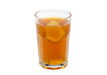 Cold drink in a clear glass w a large cubeshaped ice chunk inside condensation on the glass on a black background