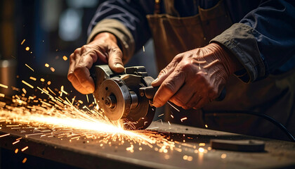 Sparks Fly: The worn hands of a craftsman meticulously grind metal, as fiery sparks illuminate their dedication to the art of shaping materials.