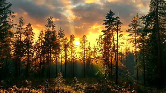 Majestic sunbeams filtering through a serene forest at sunrise or sunset creates a golden landscape - Powered by Adobe