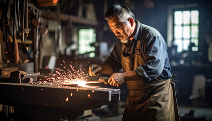 Forging Dedication: A skilled artisan, bathed in the warm glow of a forge, meticulously crafts metal with focused determination, highlighting craftsmanship and the enduring spirit of manual labor.