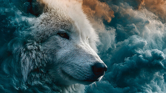 Ethereal white wolf emerging from swirling smoke in a digital abstract style, HD realistic