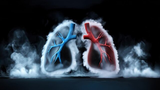 Lung model with blue and red airways and bronchi surrounded by smoke illustrating pm 2.5 air pollution impact global air quality