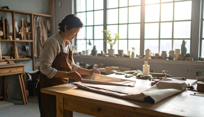 Artisan's Craft: An artisan carefully examines her craft materials in a sunlit workshop. Capturing the essence of craftsmanship and the beauty of handmade items.