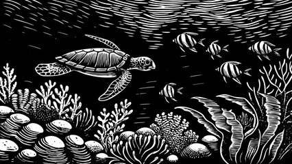 Naklejka premium calm tropical sea with coral reefs, clownfish, sea turtle, and underwater plants represented in detailed black and white line art illustration perfect for marine biology and nature content