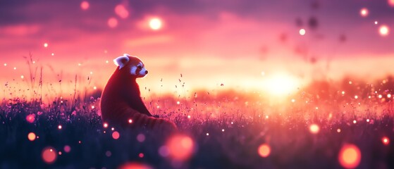 A red panda sits quietly in a glowing meadow at sunset, surrounded by soft light orbs and warm hues.