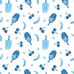 Summer Ice Cream Background. Seamless watercolor pattern with fruit ice cream. Design for menu and textile, wrapping, scrapbooking and stationery
