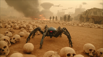 Spider-like metal robot and a lot of human skulls. Post-nuclear war dystopian future