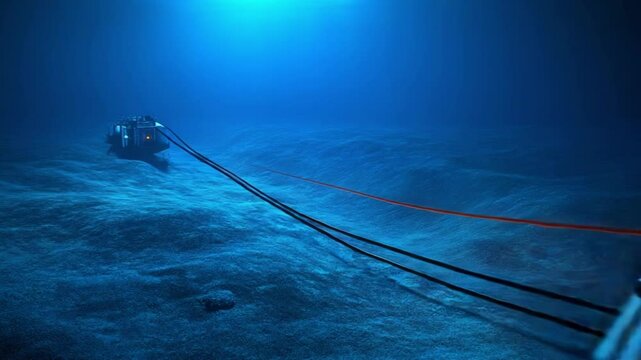 A yellow and dark-blue remotely operated underwater vehicle (ROV) is tethered to a smaller submersible, traversing a dark blue seabed.  The ROV emits a red light