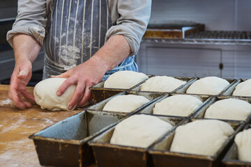 Close up of baker shaping dough and putting them into tins in bakery