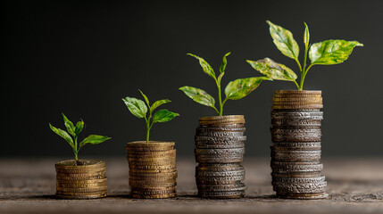 Coins with plant growing, symbol of sustainable growth