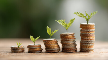 Coins with plant growing, symbol of sustainable growth
