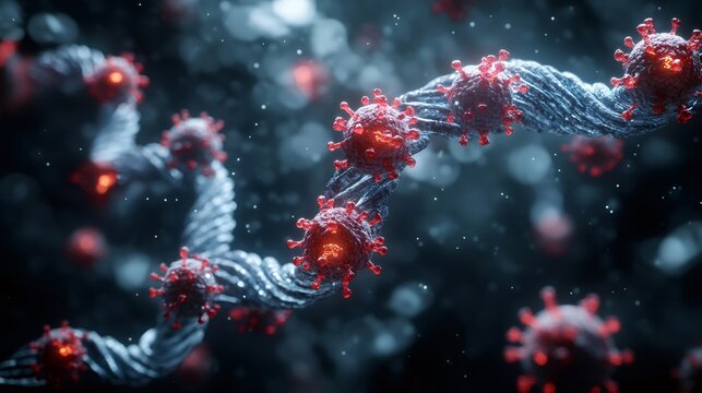 Red virus particles hanging on a dna helix structure