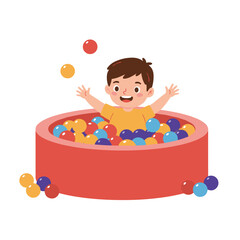 Happy child playing in a colorful ball pit with raised arms, white background, isolated, vector   