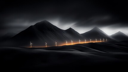 Nighttime landscape with illuminated wind turbines lined up against dark, mountainous terrain and a cloudy sky, creating a dramatic and atmospheric scene.