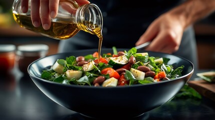 Chef pouring olive oil on fresh vegetable salad