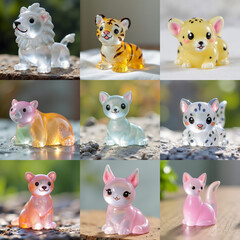 A whimsical collection of resin big cat figurines featuring a lion, tiger, leopard, and playful kittens
