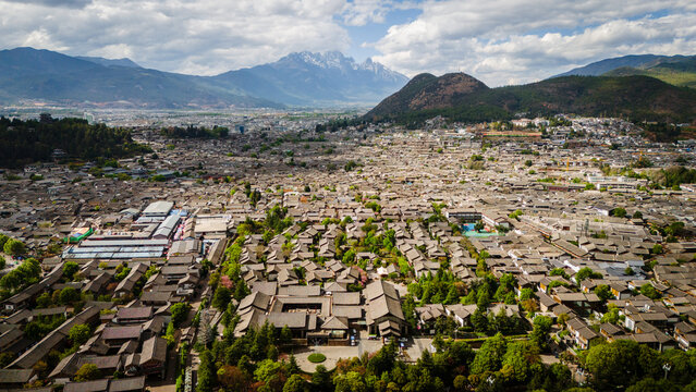 Aerial  Dayan, the Old Town of Lijiang, in Yunnan, China, traditional Chinese architecture UNESCO world heritage