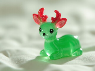 A cute and colorful translucent resin figurine of a deer with red antlers, resting on a soft surface.