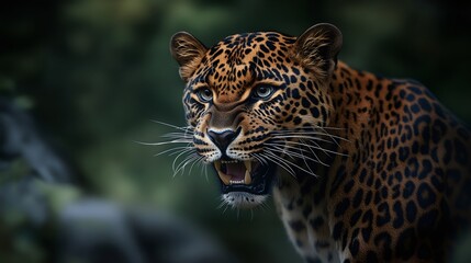 Fototapeta premium Leopard showing teeth and growling in the jungle