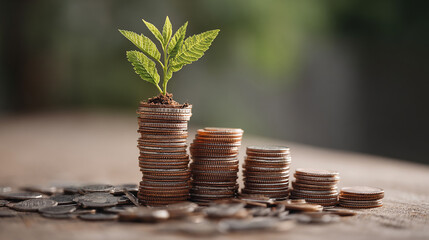 Coins with plant growing, symbol of sustainable growth