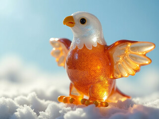 A whimsical resinbird in warm tones standing on fluffy clouds