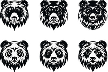 Collection of six stylized black and white panda bear faces with expressive eyes