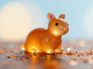A whimsical, glowing resin rabbit figurine reflecting warm light against a soft-focus background.