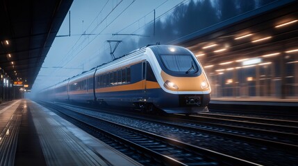 Naklejka premium Modern high speed train leaving station in the fog at dusk